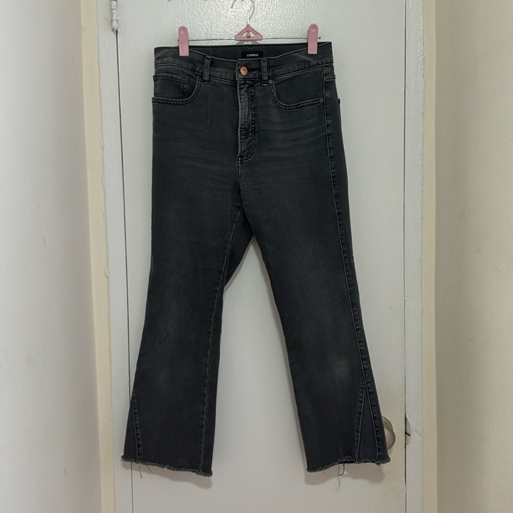 Express grey high-rise cropped flare jeans, size 4